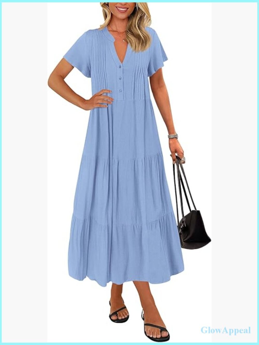 Loose Fit Maxi Dress with Short Sleeves, V-Neck, Pleated Tiered Swing Style